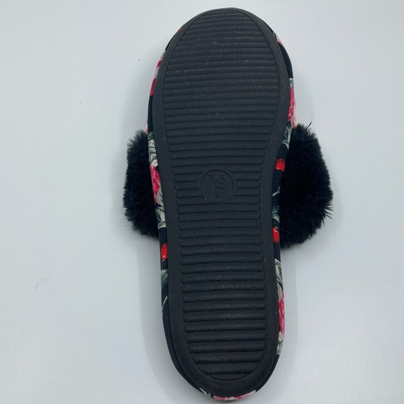 Victoria’s Secret black and floral slippers with fur trim. Size Large. - Picture 3 of 4